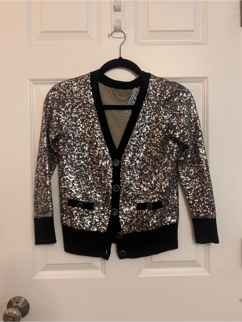 Silver Sequin Cardigan with Black Trim - 100% Merino Wool